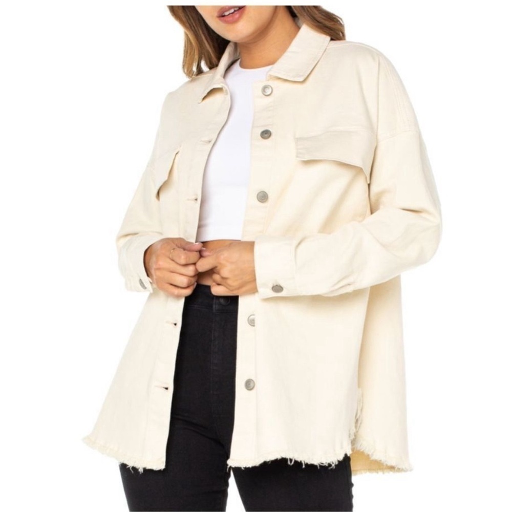 Celebrity Pink Cream 100% Cotton Denim Frayed Hem Shacket Shirt Jacket